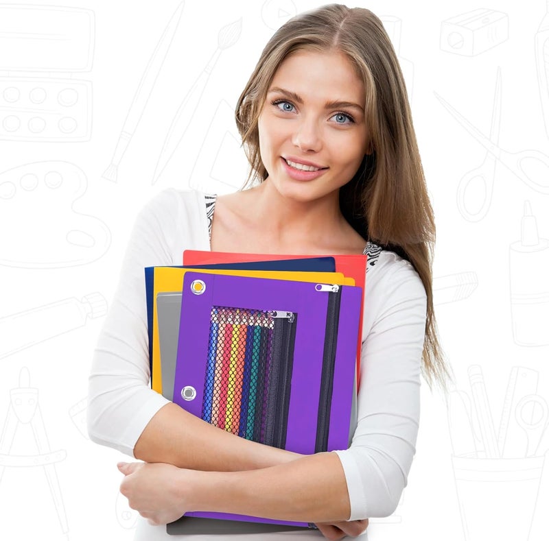 ASBEFORE Pencil Pouch for 3 Ring Binder - 3 Hole Zipper Pen Case Bag Holder Bulk Accessories Clear Window Aesthetic Organizer Pockets (Purple, 1) - Image 4